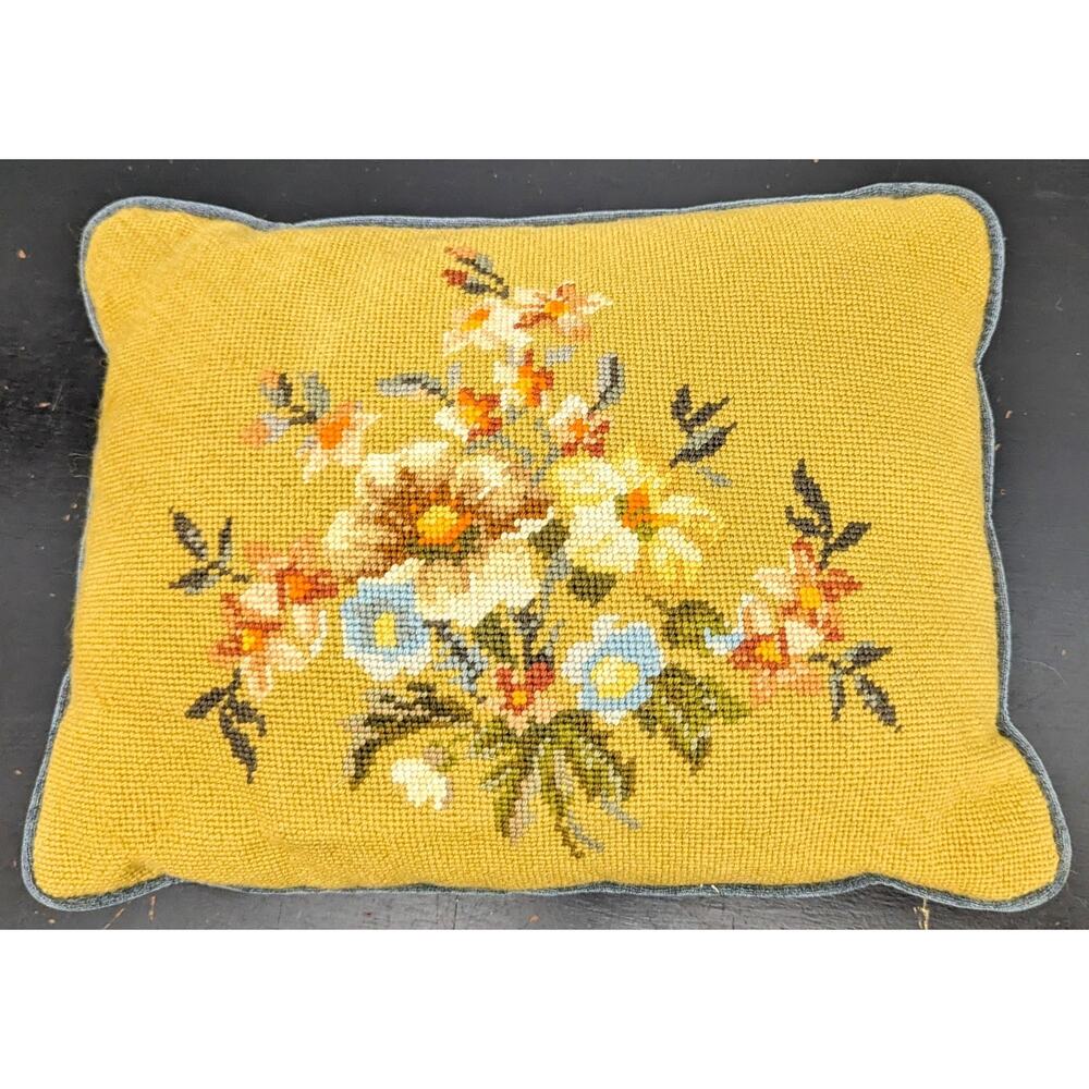 Needlepoint Petit Point Yellow Mustard Floral 16" x 9.5" Vintage Gray Velvet